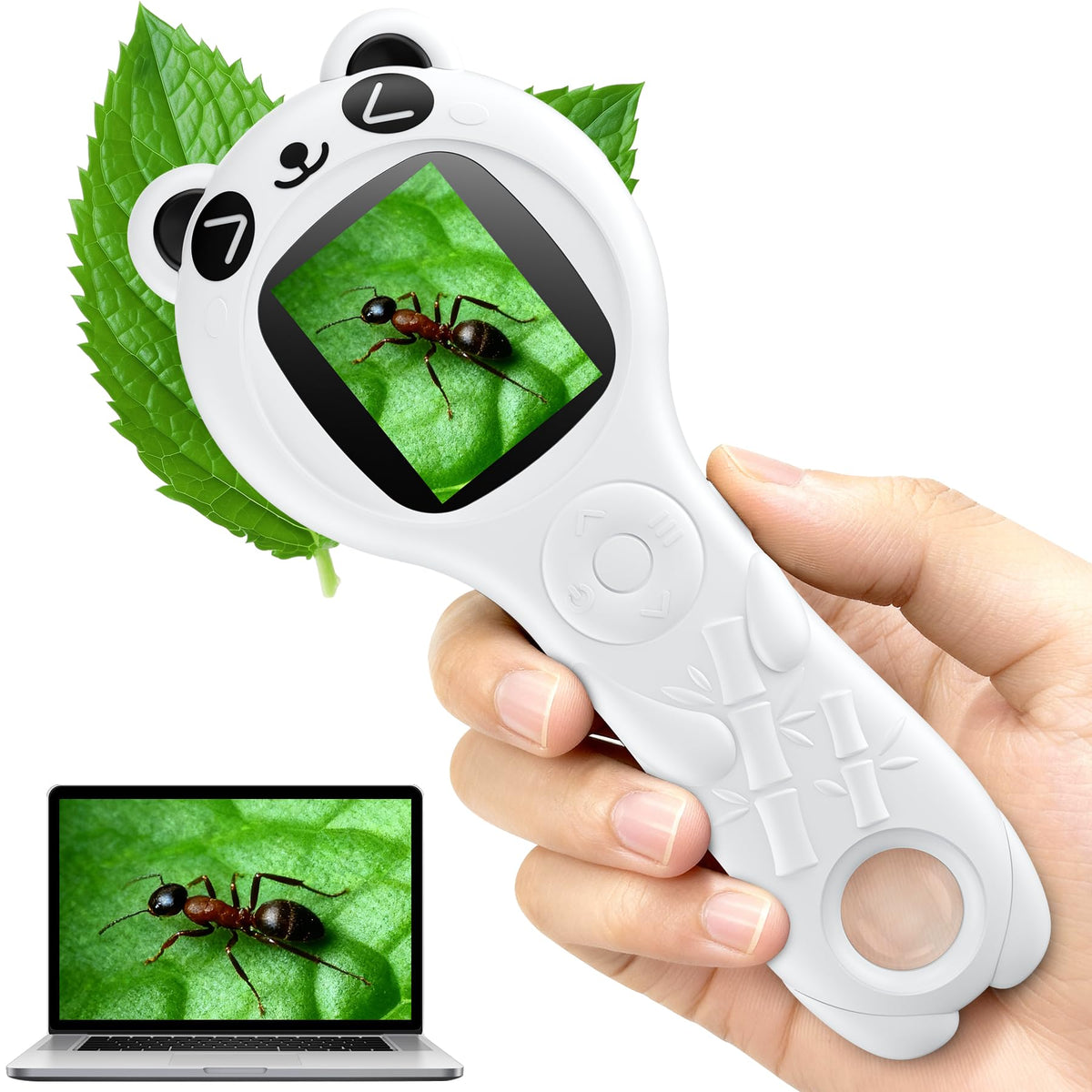 TAKMLY Panda pocket microscope with a 2-inch screen for hands-on kid exploration.