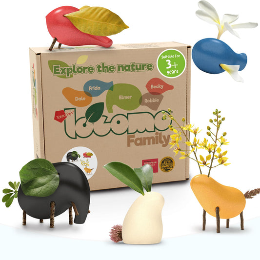 Taksa Toys Locomo Family 1 wooden animals for imaginative outdoor play.