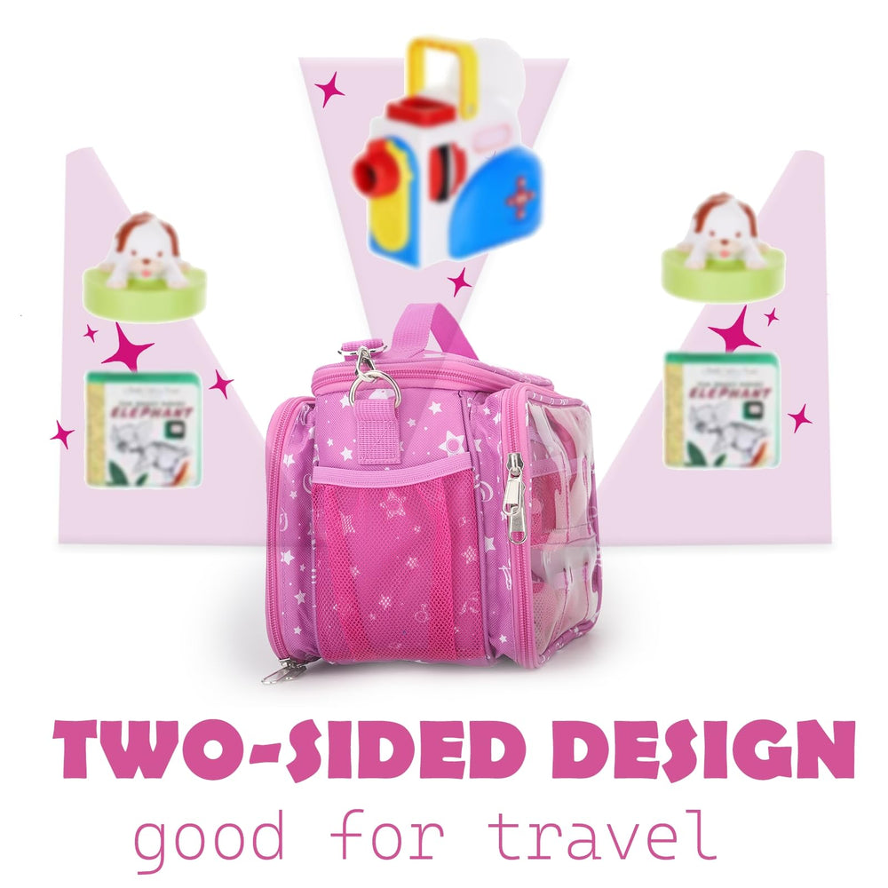 Taladad Littletikes case features transparent panels for quick character viewing.