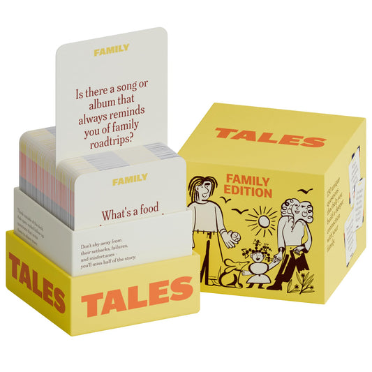 TALES 150 Conversation Cards boxed set on a table fosters family storytelling and connection.