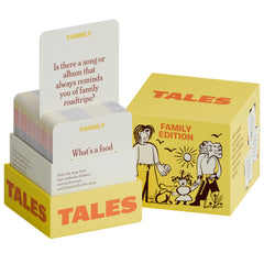 TALES 150 Conversation Cards boxed set on a table fosters family storytelling and connection.