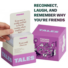 TALES Friends Edition deck in hand, prompts for memorable chats.