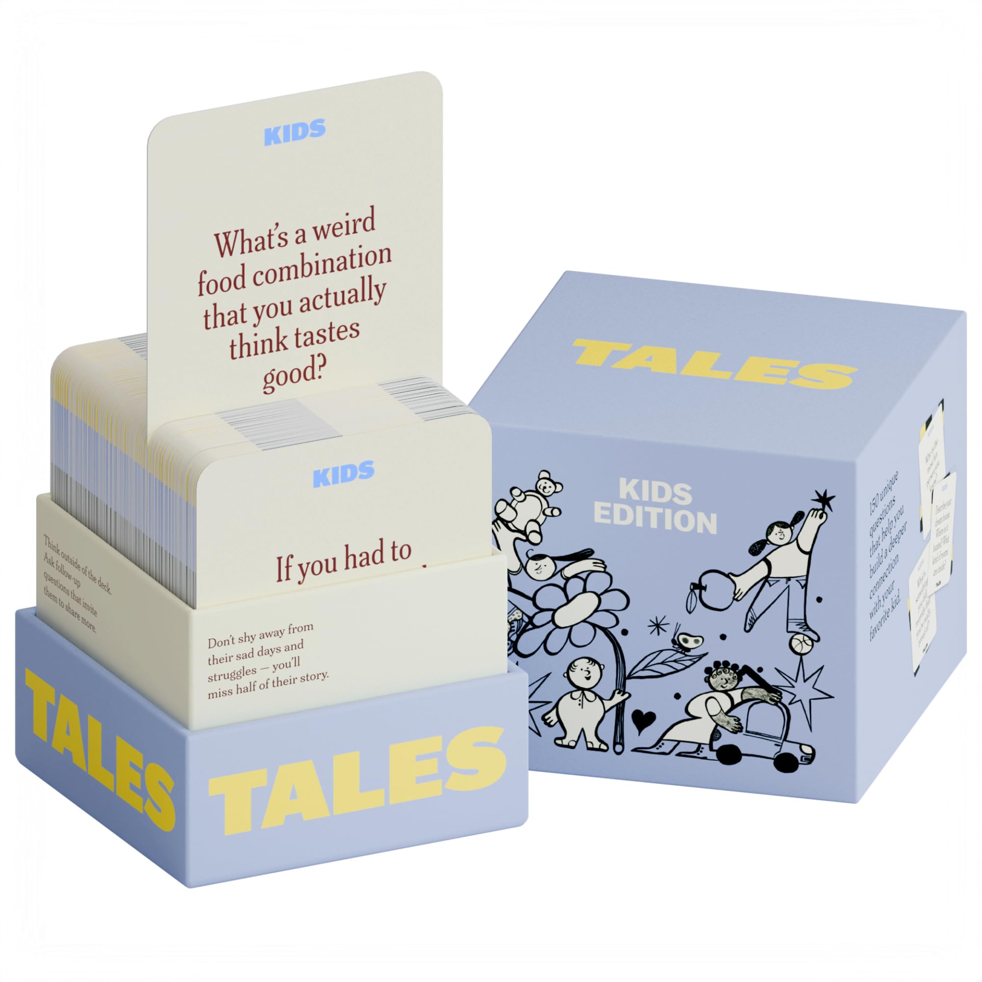 TALES Kids Edition cards in box promote family storytelling at dinners.