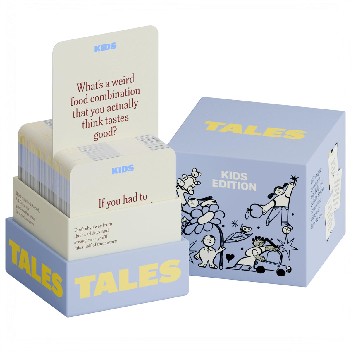 TALES Kids Edition cards in box promote family storytelling at dinners.