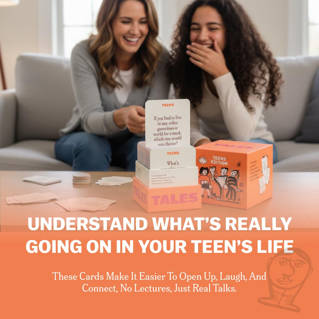 TALES Teens Edition deck open scene showcases approachable prompts for conversations in classrooms and hangouts.