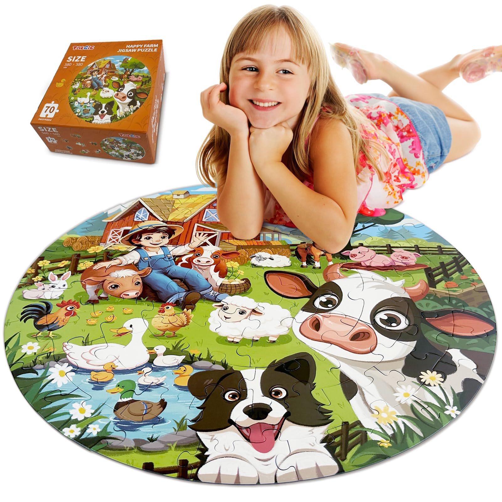 TALGIC 70-piece round puzzle of farm animals for kids ages 3-10