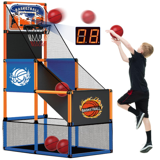 TALGIC arcade basketball hoop assembly; quick and easy setup for indoor family play.