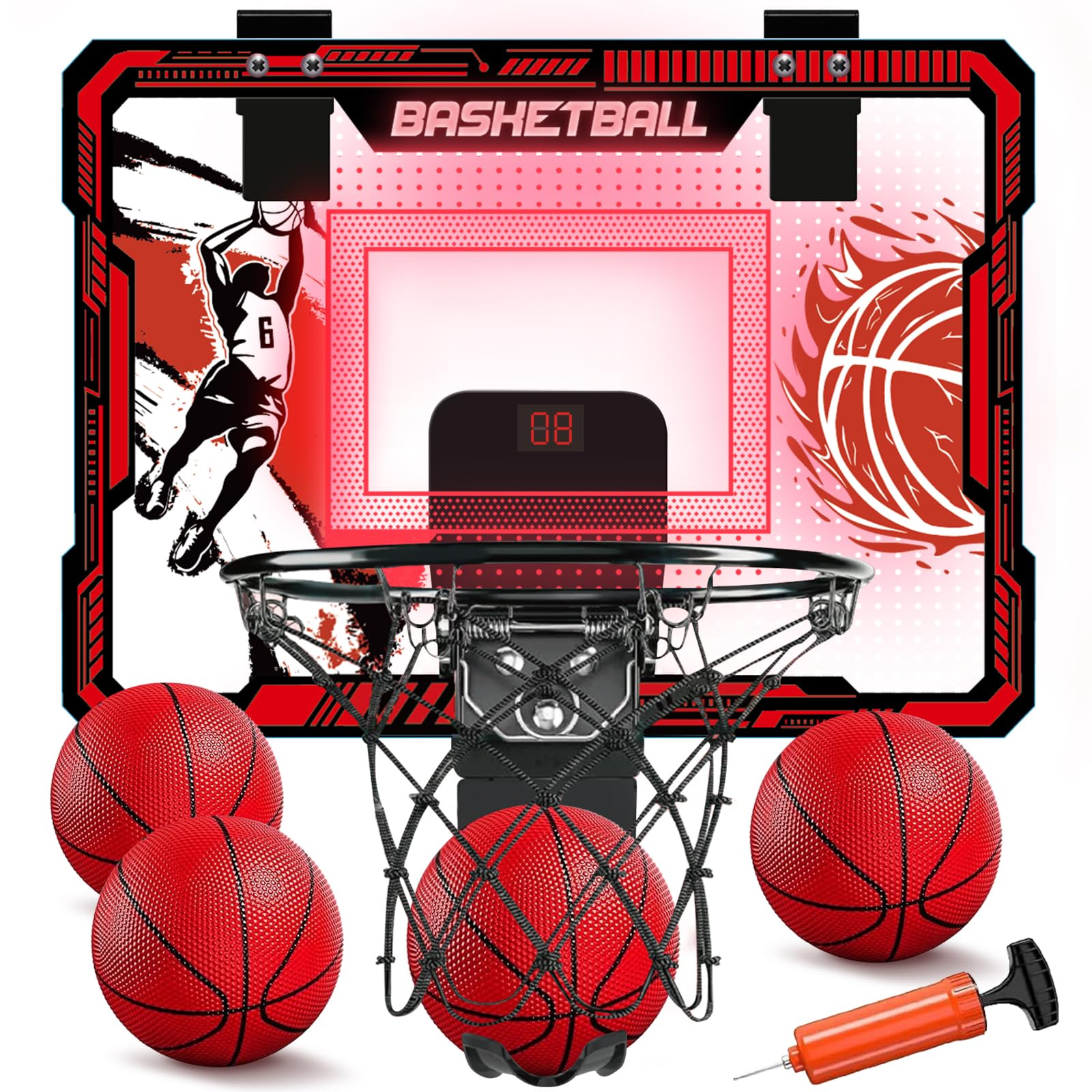 TALGIC indoor basketball hoop with LED scoreboard for kids' play and exercise