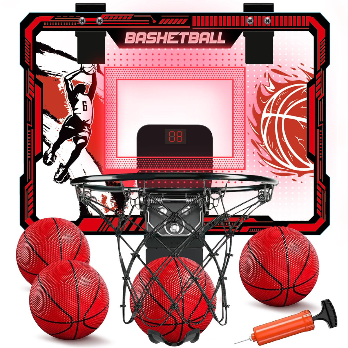 TALGIC indoor basketball hoop with LED scoreboard for kids' play and exercise