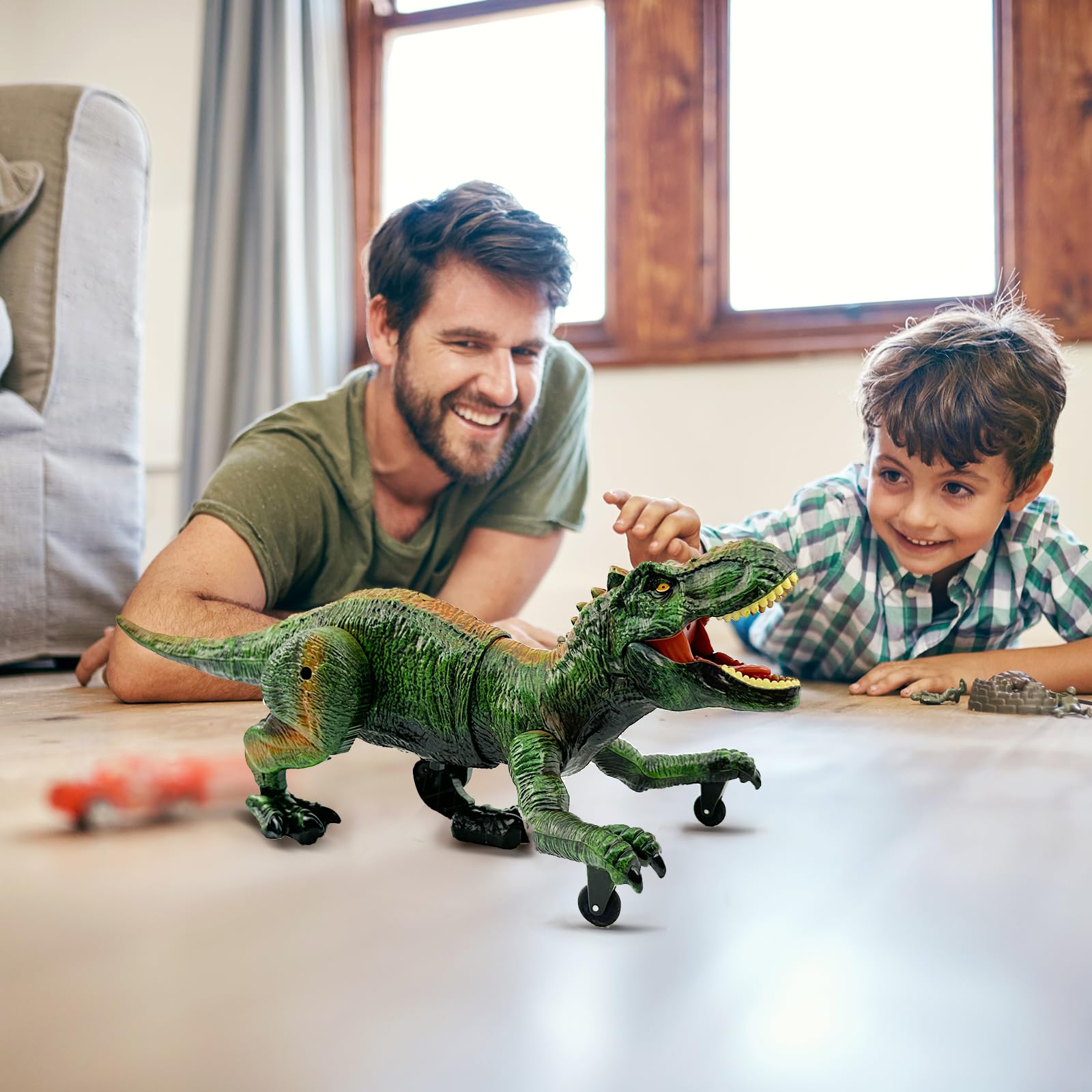 TALGIC green dinosaur front view ready for quick playtime.