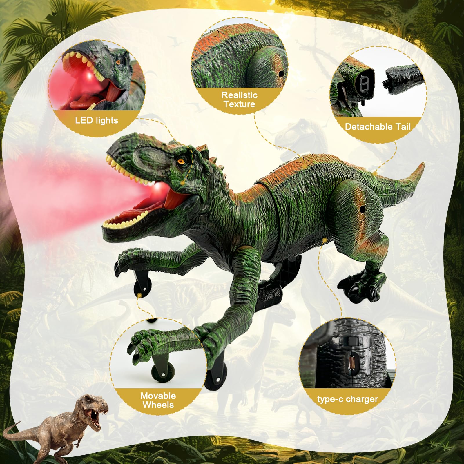 TALGIC robot dinosaur shows lifelike walking leg motion during play.