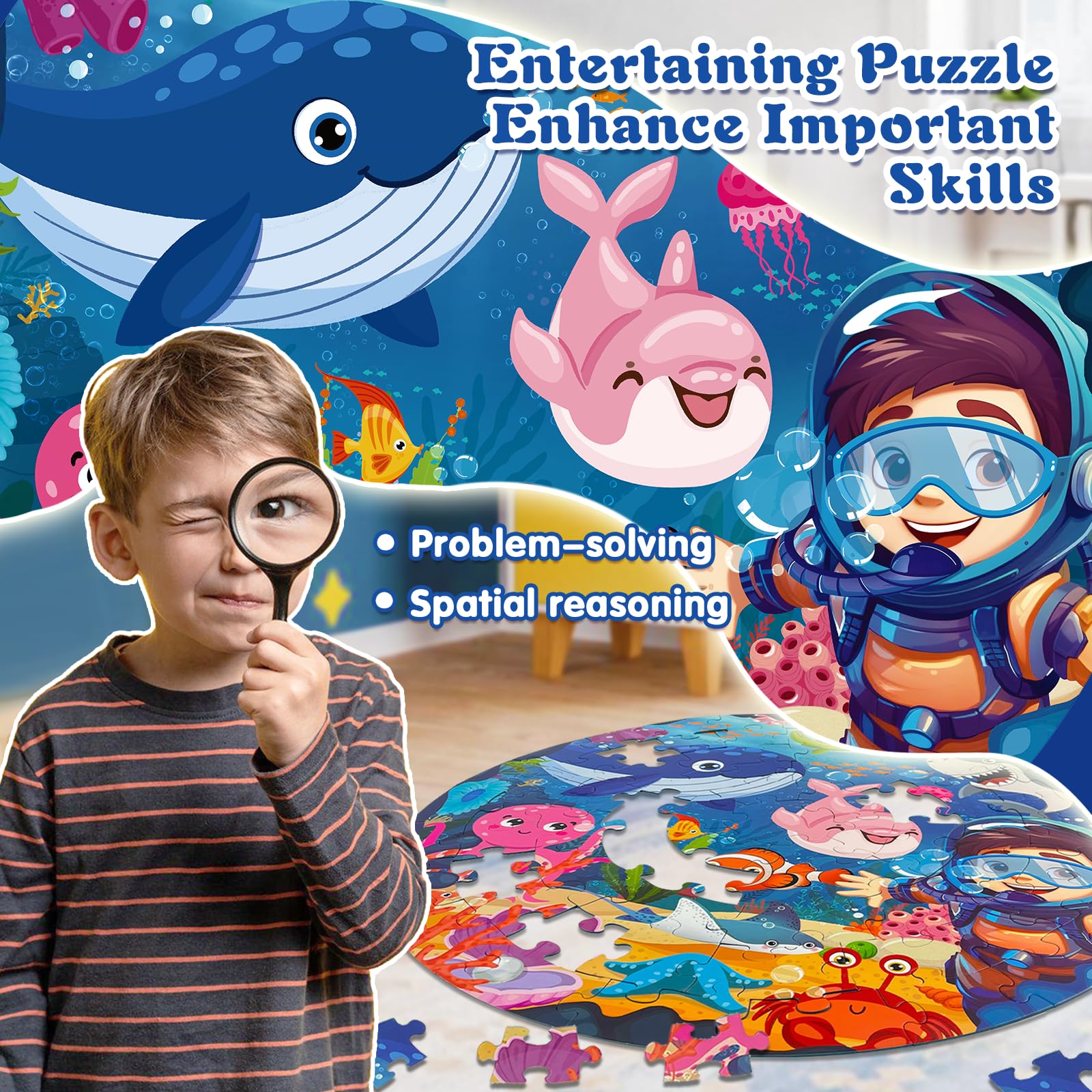 TALGIC round ocean puzzle shows colorful sea creatures for engaging, imaginative play.