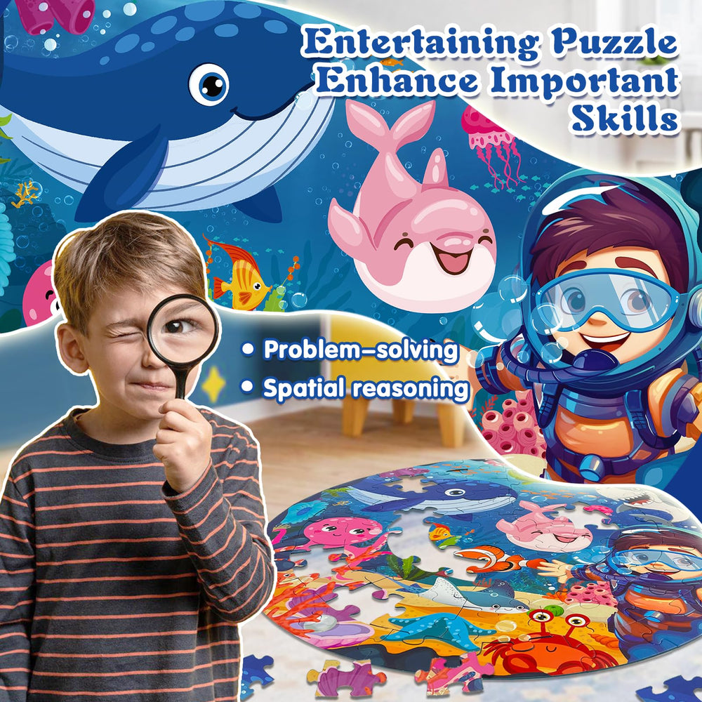 TALGIC round ocean puzzle shows colorful sea creatures for engaging, imaginative play.