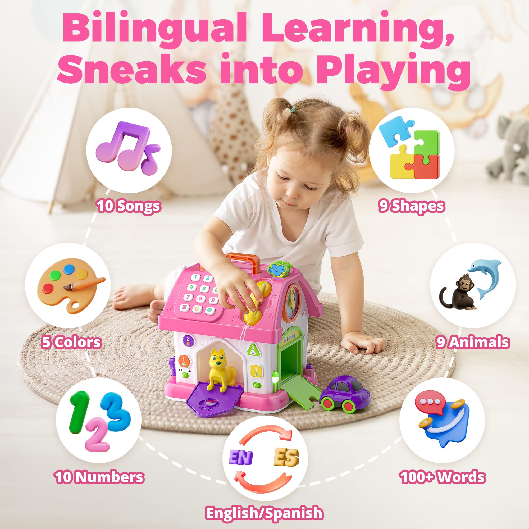 Talkfun bilingual toy offers English and Spanish modes for language awareness.