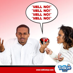 Talkie Toys Hell No Button, in office scene, prompts lighthearted disagreement.