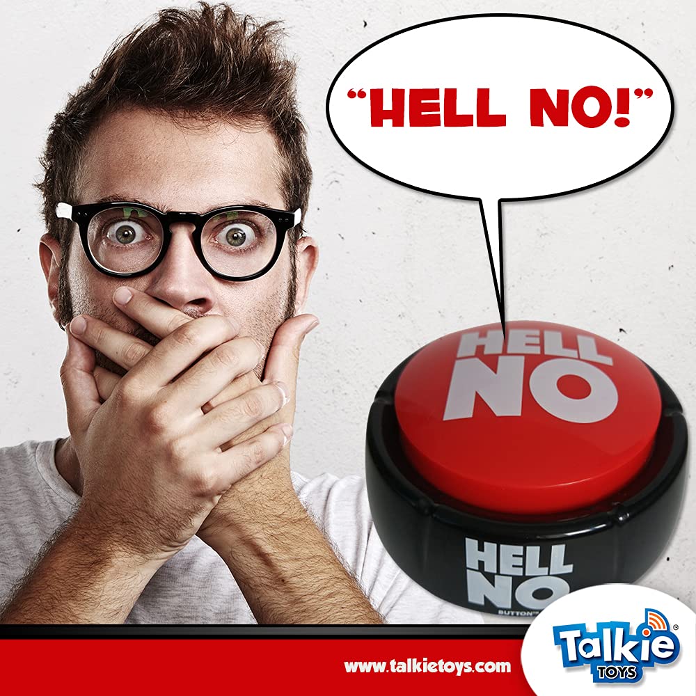 Talkie Toys Hell No Button, top view, compact gag gadget for classroom laughs.