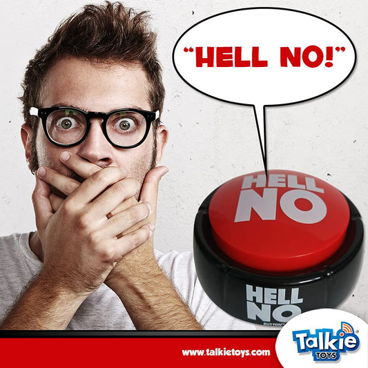 Talkie Toys Hell No Button, top view, compact gag gadget for classroom laughs.