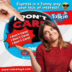 Talkie Toys I Don’t Care Button close-up showing phrases for quick mood moments.