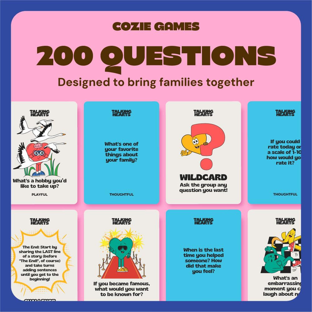 Talking Hearts conversation cards 20-challenges shown during a playful family session