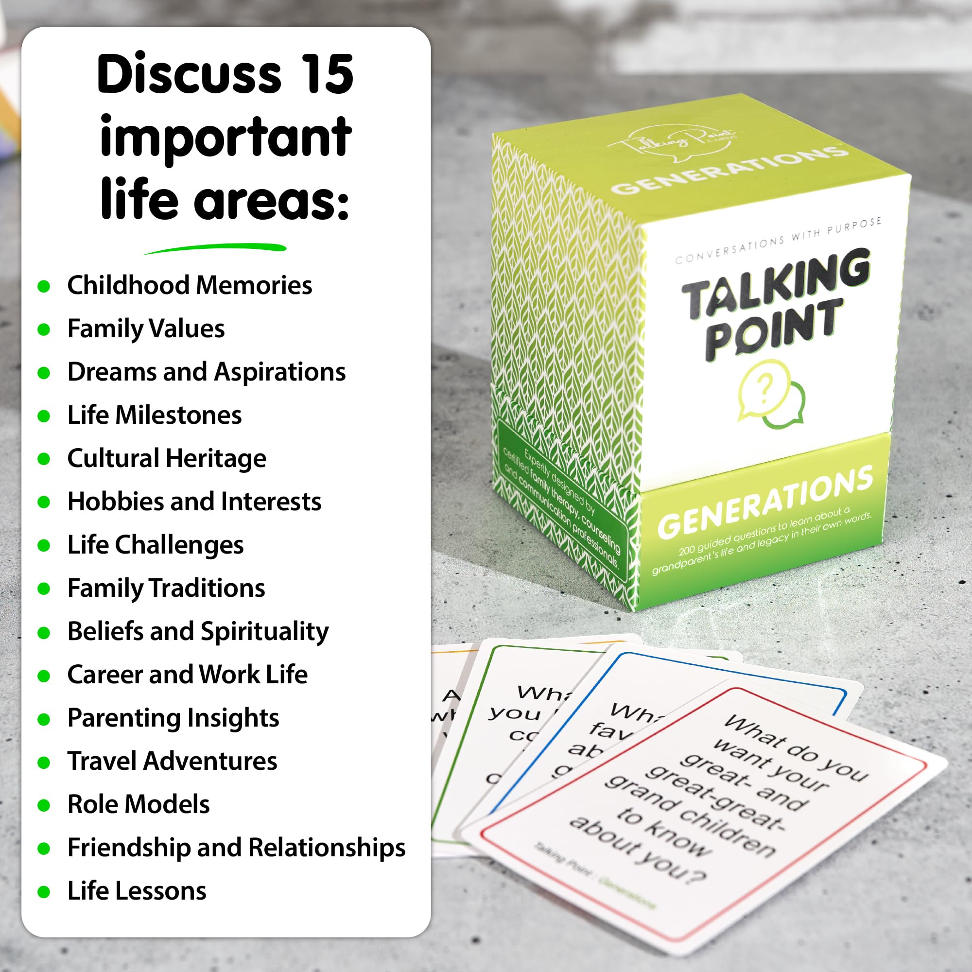 Talking Point Cards Generations Edition memory deck close-up with prompts for reminiscence.