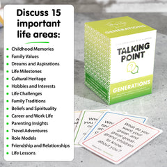 Talking Point Cards Generations Edition memory deck close-up with prompts for reminiscence.