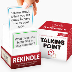 Talking Point Cards Rekindle deck on table sparks date night conversation.