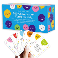 TalkWise 700 cards for kids, color-coded topics, ideal for family night conversations.