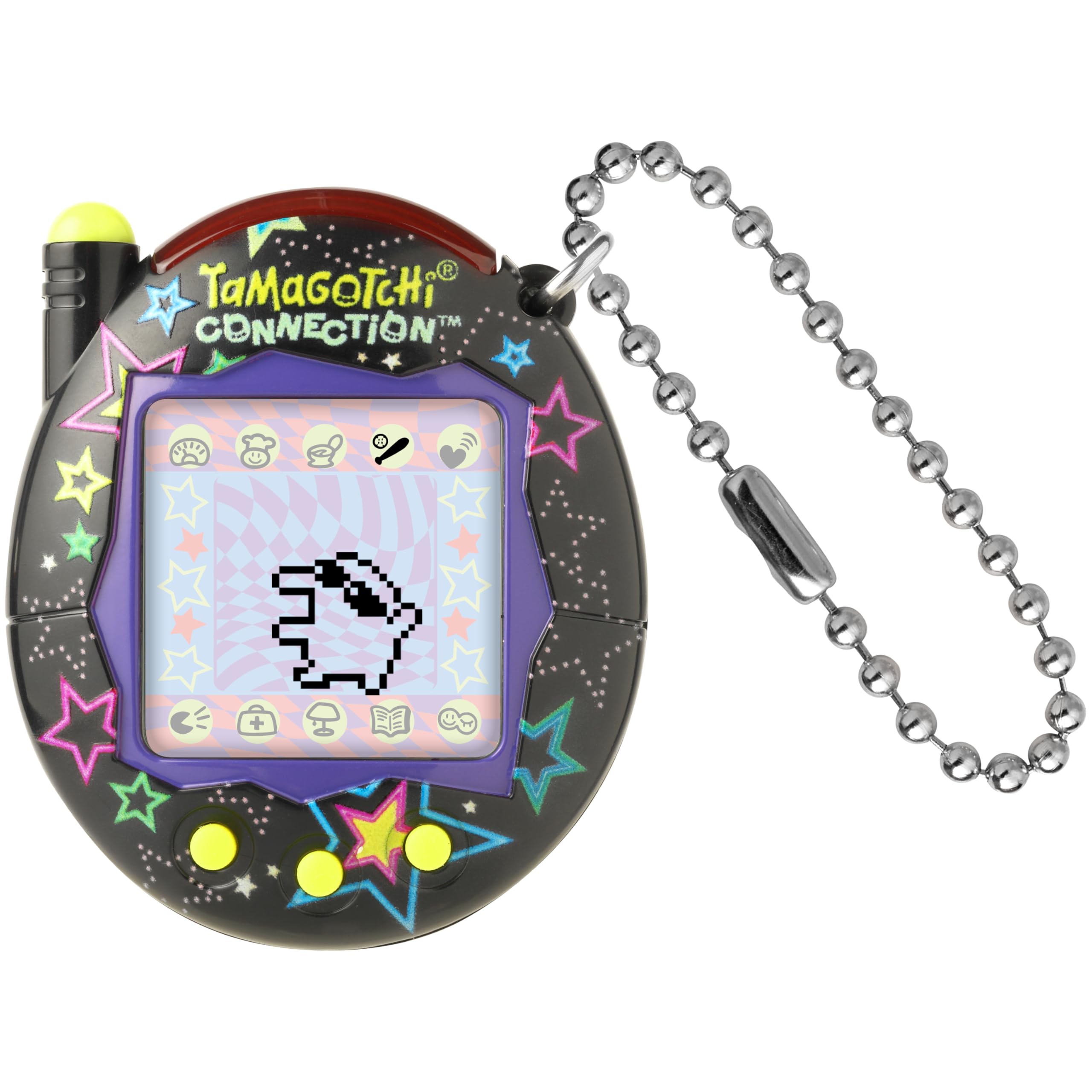 Tamagotchi Neon Stars shell shows neon stars design for nostalgic play