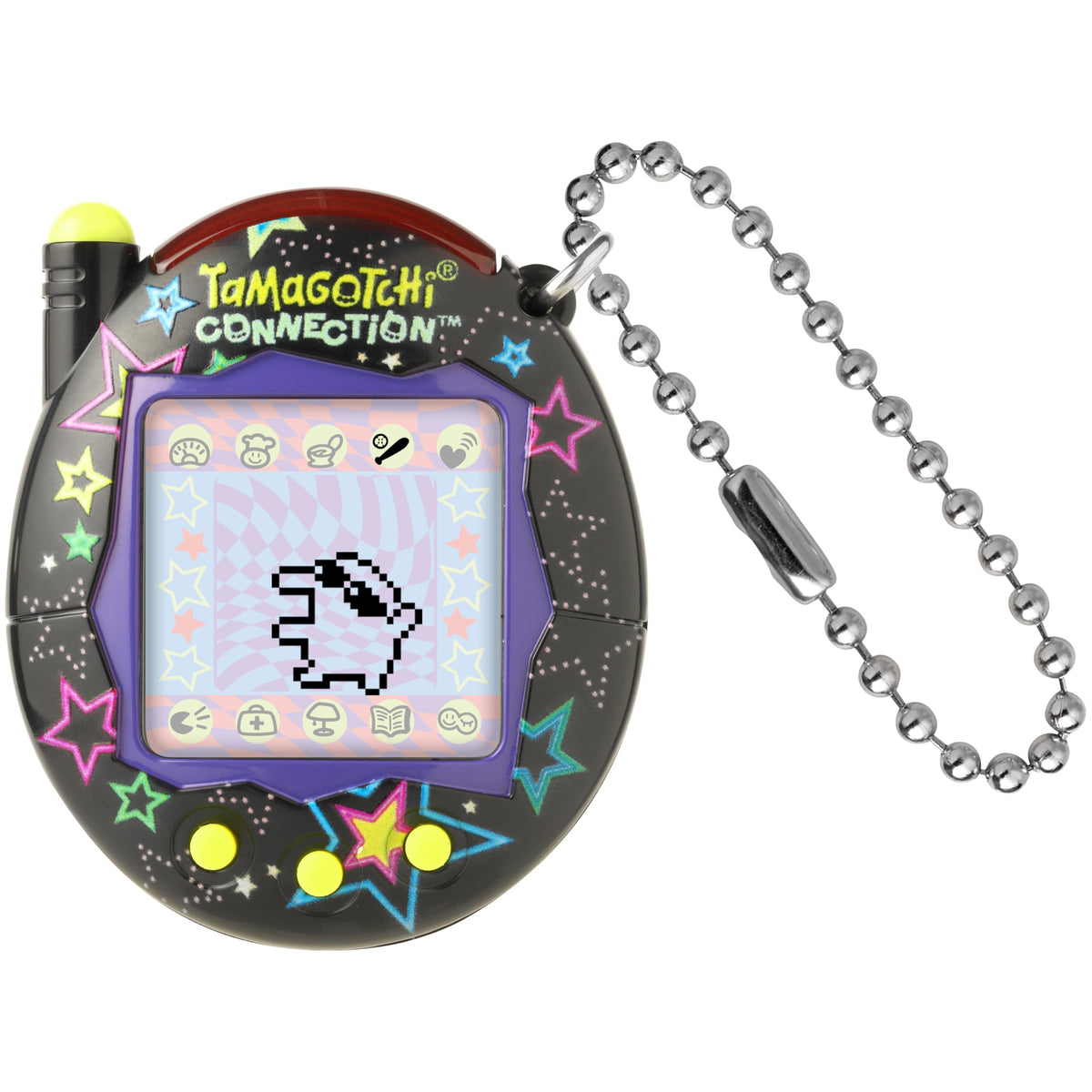 Tamagotchi Neon Stars shell shows neon stars design for nostalgic play