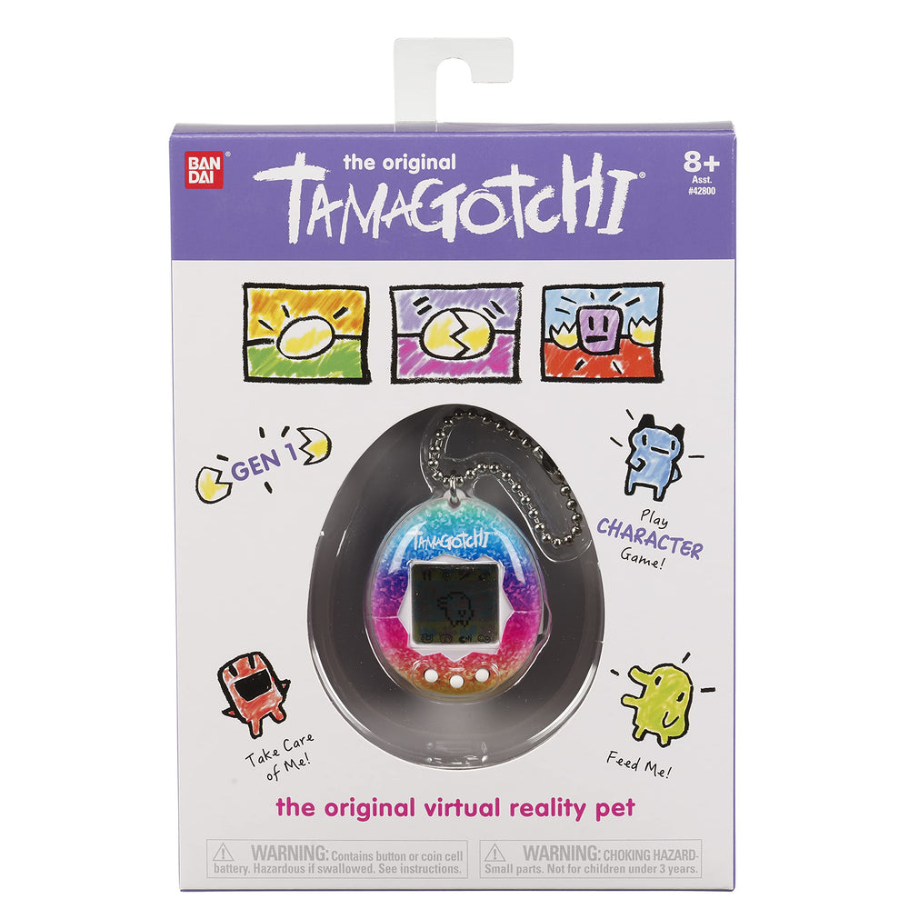 Tamagotchi Original Rainbow bag clip keeps your digital pet with you.