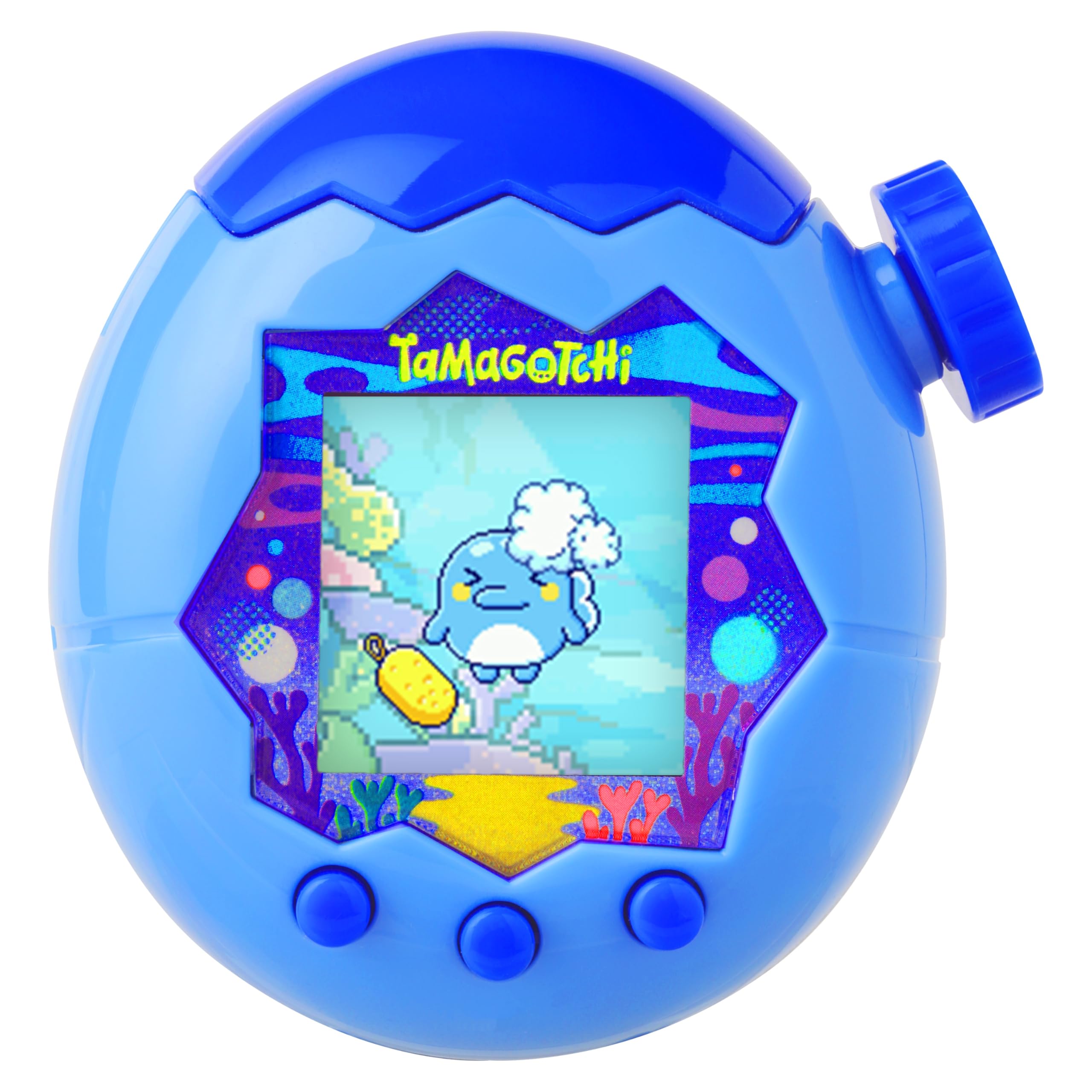 Tamagotchi Paradise Blue Water device front view with zoom dial for hands-on nurturing