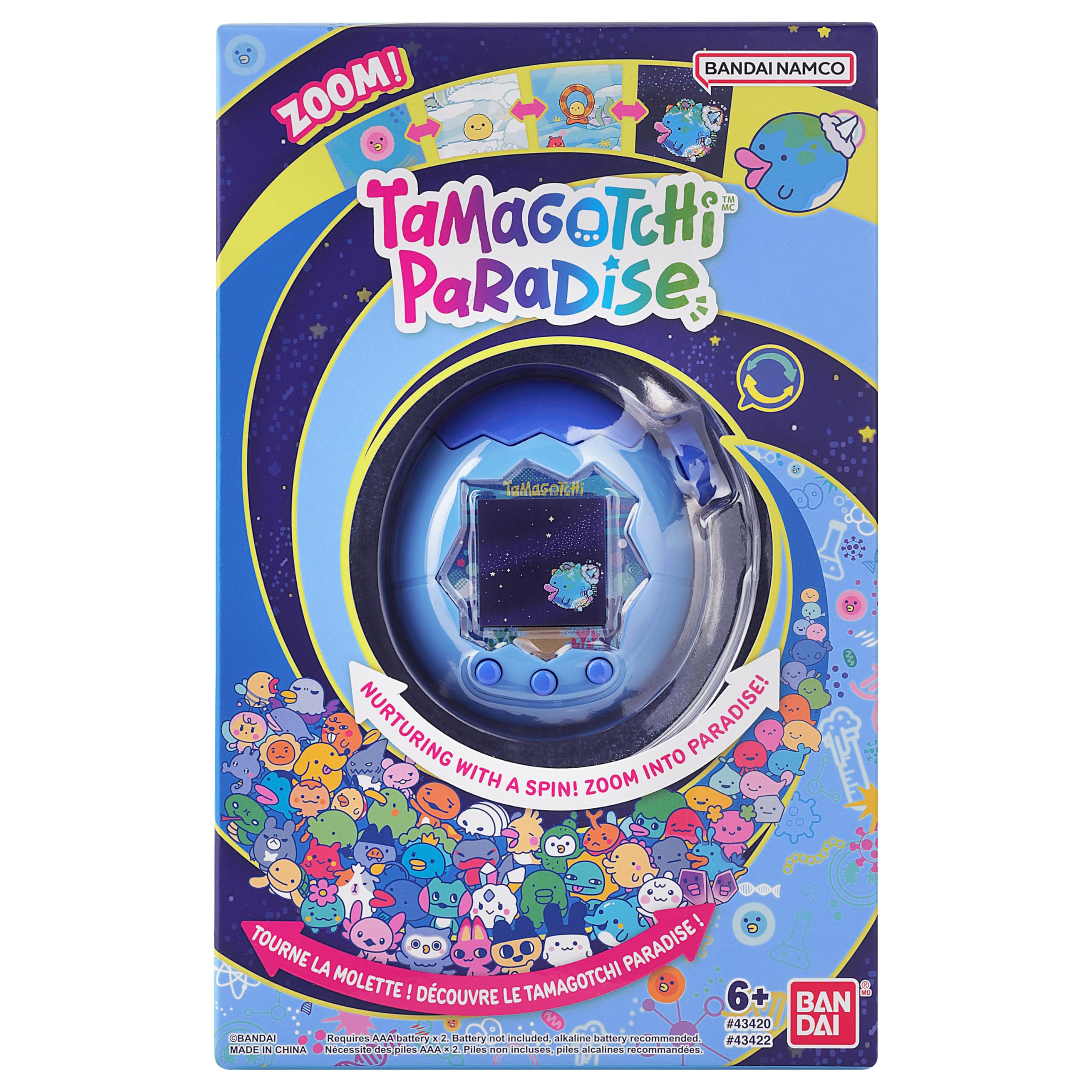 Tamagotchi Paradise Blue Water Lab Mode screen shows new activities and shopping