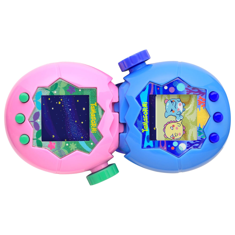 Tamagotchi Paradise Blue Water screen with multiple characters and care options