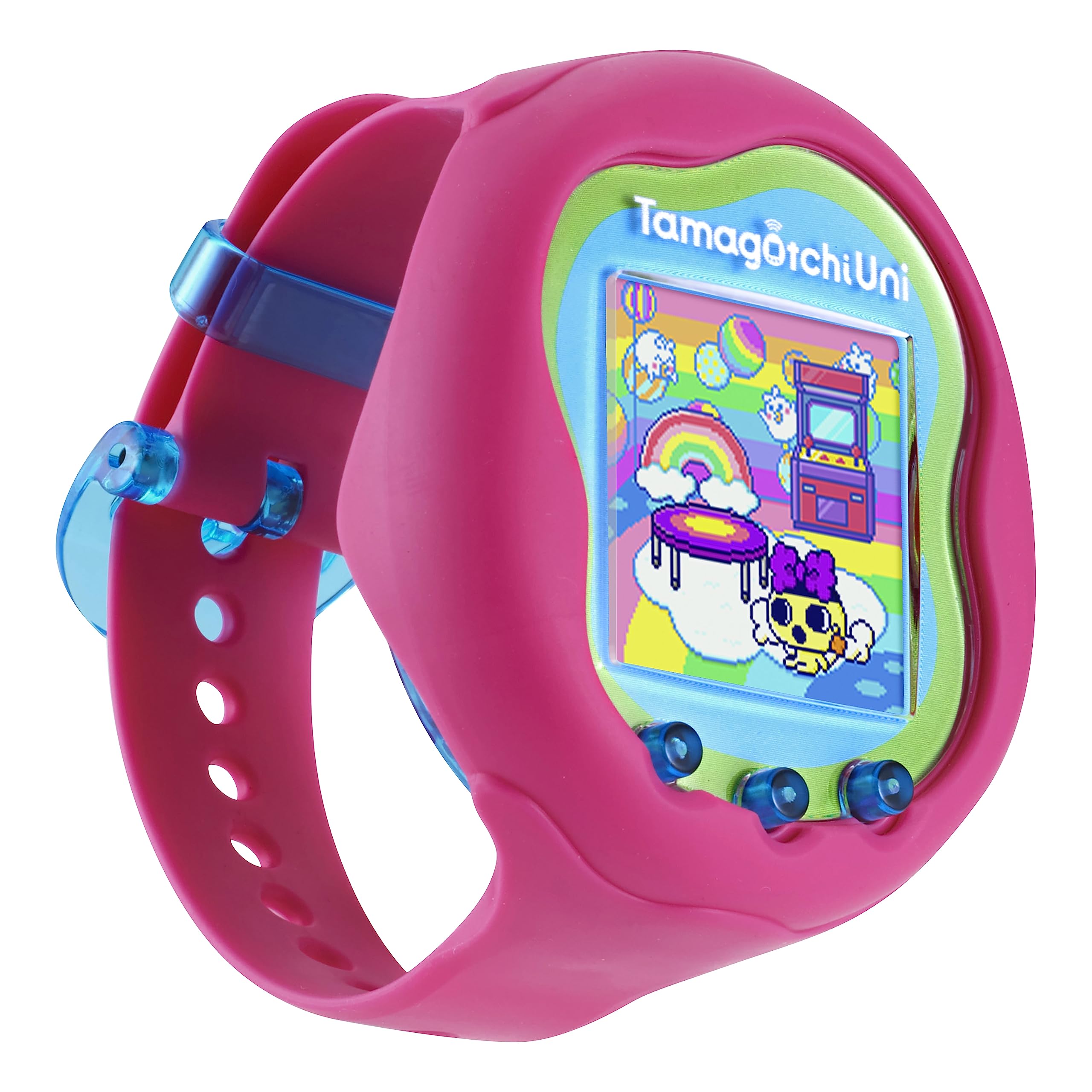 Tamagotchi Uni pink band worn on wrist for on-the-go Tamaverse access.