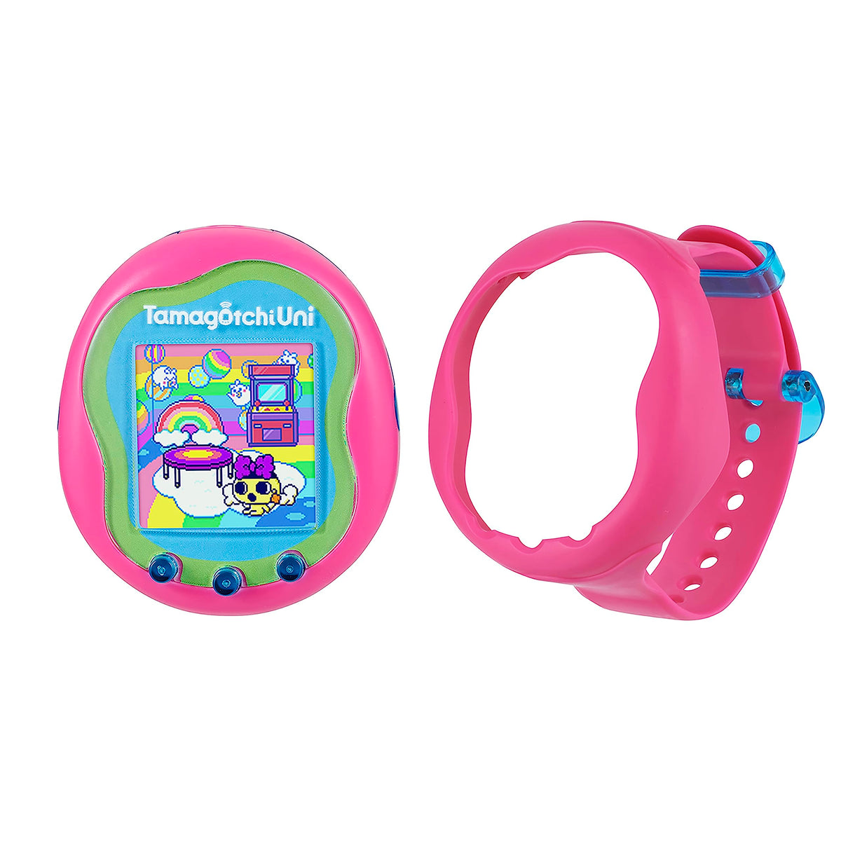 Tamagotchi Uni pink shell on display, showcasing portable, personalized play.