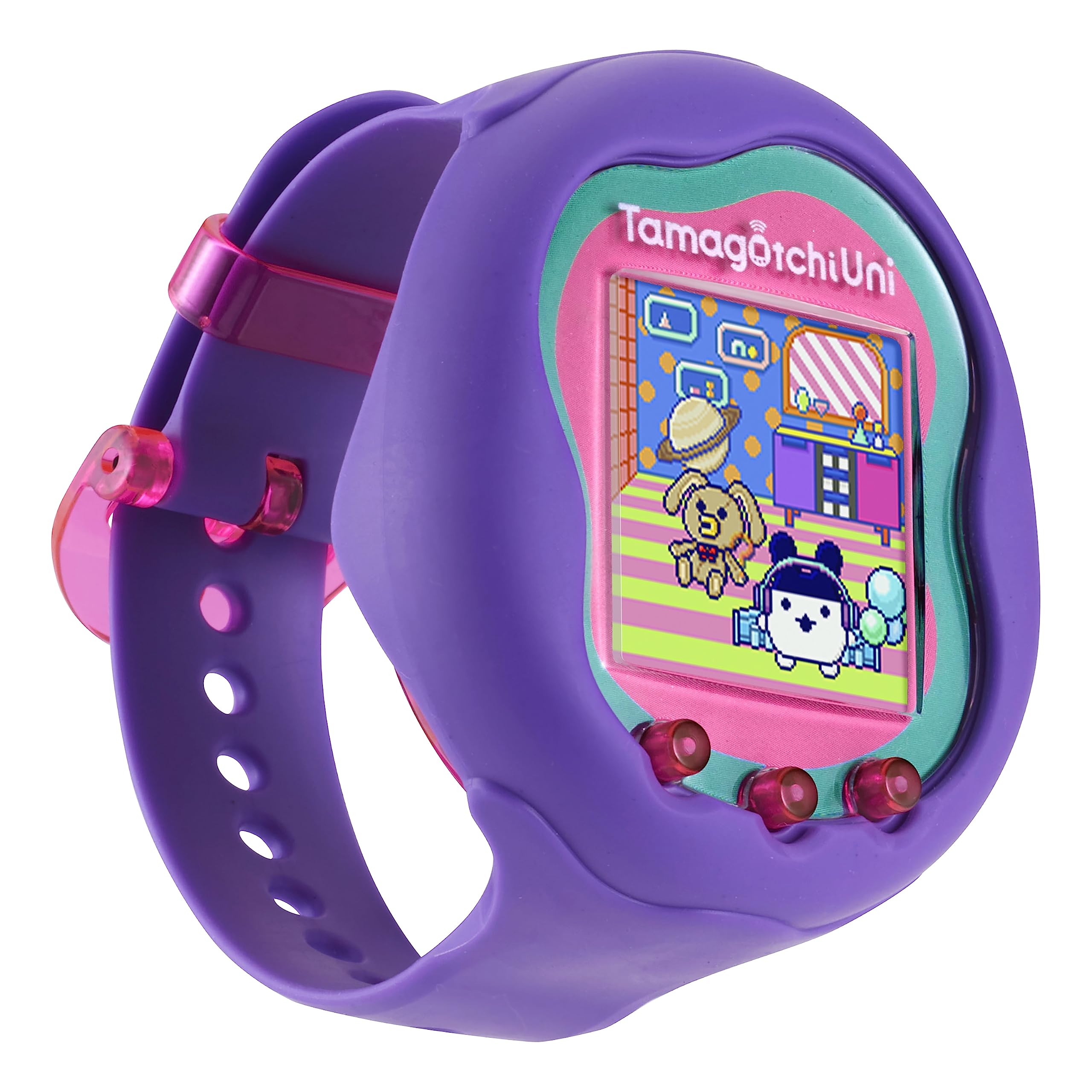 Tamagotchi Uni purple wristband worn on the arm for on-the-go play.