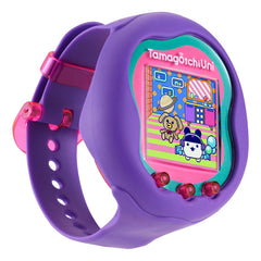 Tamagotchi Uni purple wristband worn on the arm for on-the-go play.