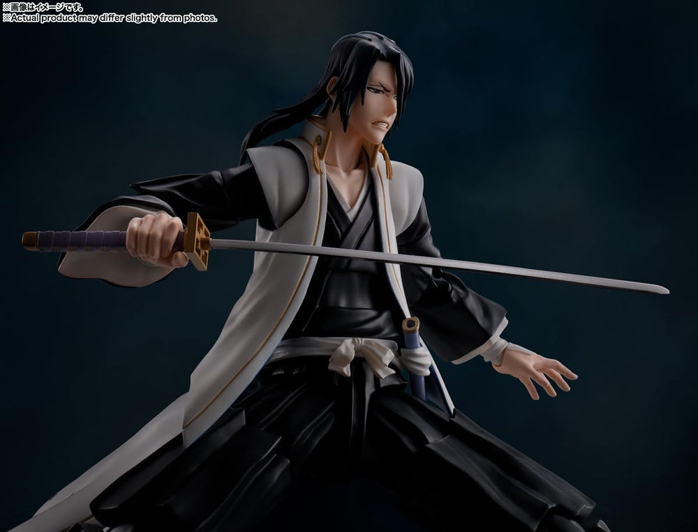 Tamashii Nations Byakuya Kuchiki figure height six point one inches for compact display.