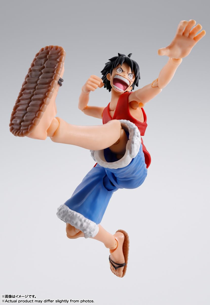 TAMASHII NATIONS Luffy Romance Dawn S.H.Figuarts display-ready figure for shelves.