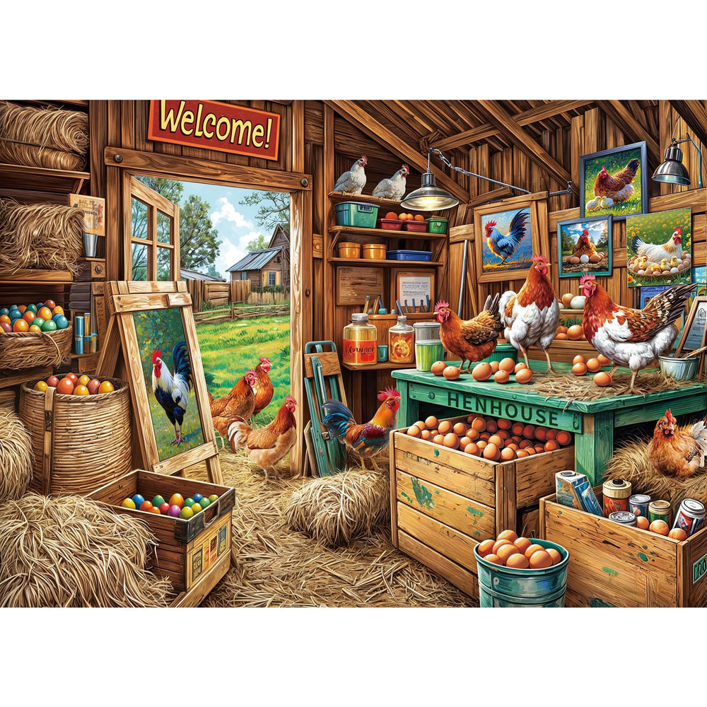 TangComplete chicken coop puzzle packaging box with poster included, ideal for gifting.