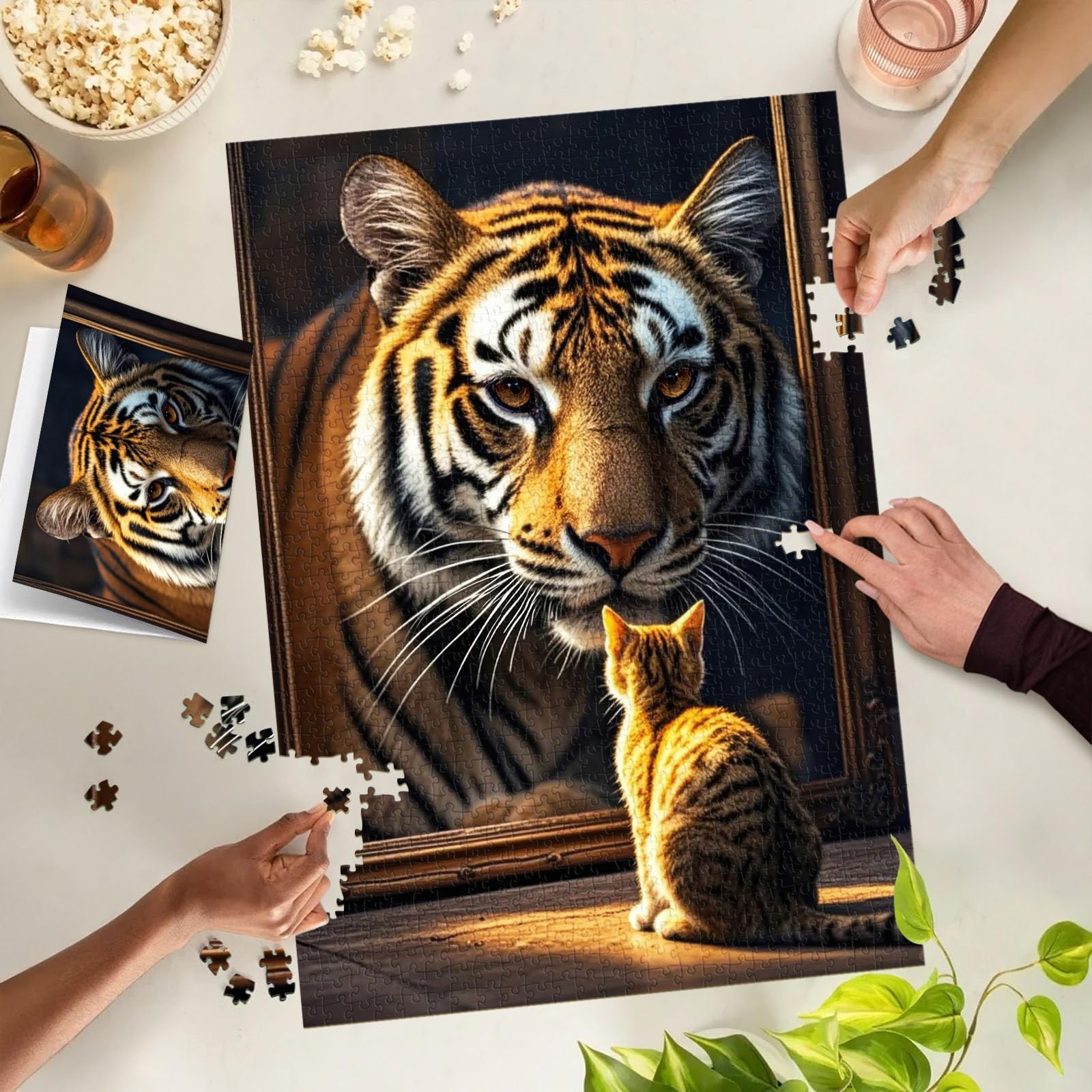 TangMosaic Feline Majesty finished puzzle on wall, striking decor.