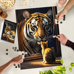 TangMosaic Feline Majesty finished puzzle on wall, striking decor.