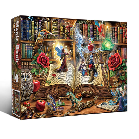 TangMosaic Magic Book Puzzle: vintage shelves focal point, ideal for mindful evenings with family.