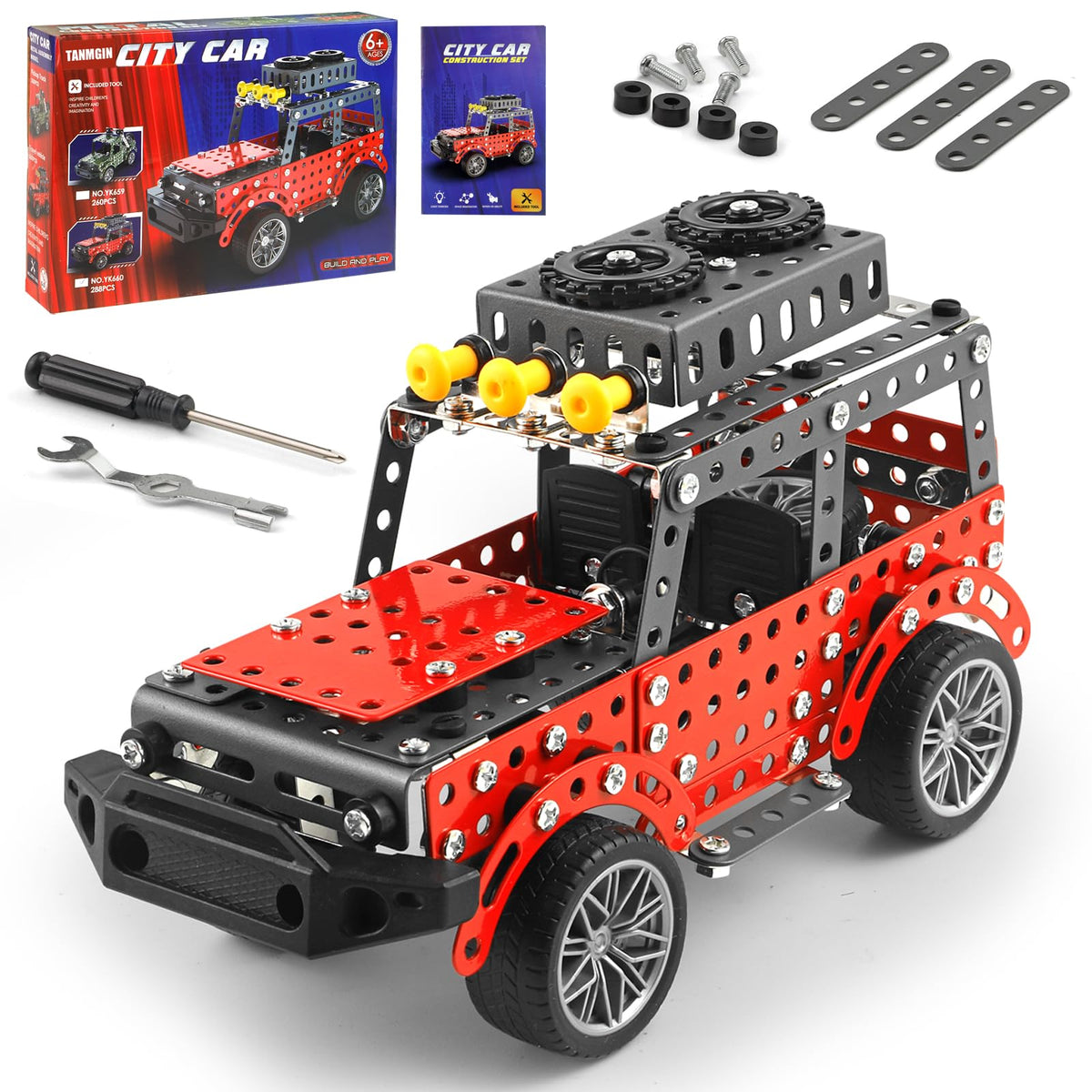 TANMGIN 288PCS metal model car kit with a durable metal body and rubber tires.