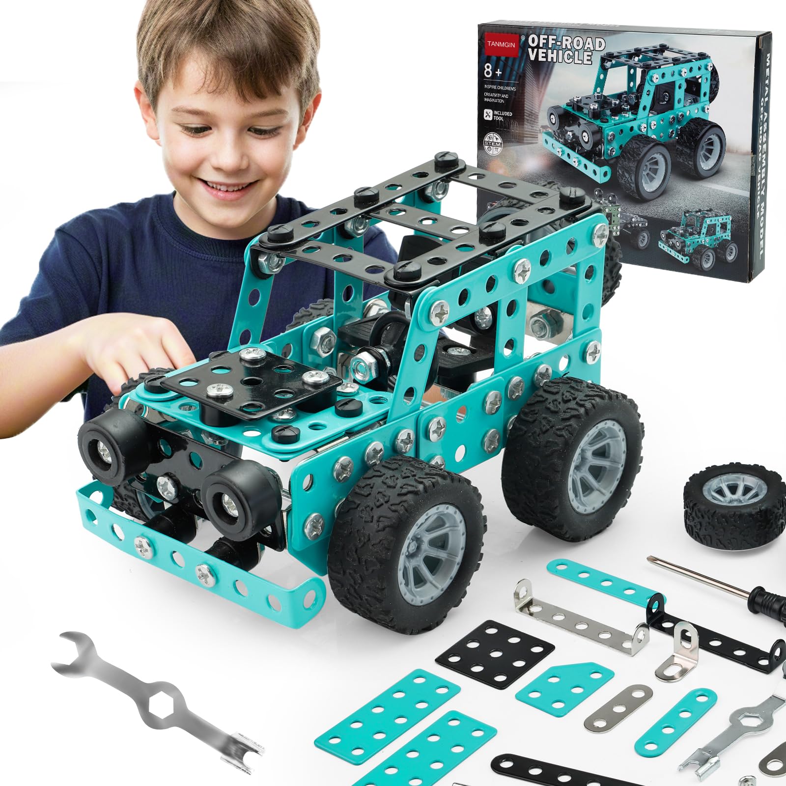 TANMGIN Erector Set metal car body with rubber tires for hands-on building.