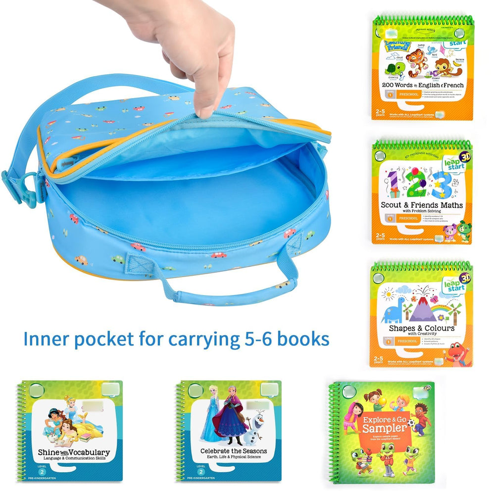 Tanmqin LeapStart bag open view reveals inner compartments for books.