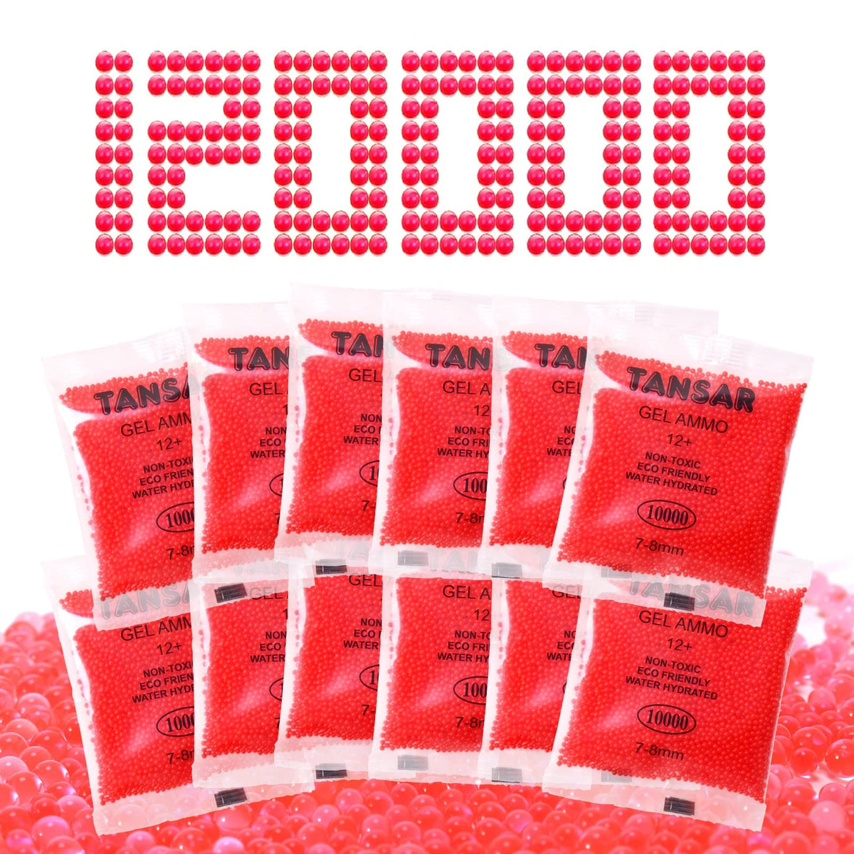 TANSAR gel ball ammo refill in a 12-pack for 7-8 mm gel blaster sessions.