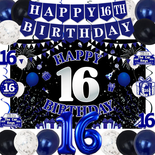 TAOTOSUNE 16th birthday banner for blue-black party styling and photos.