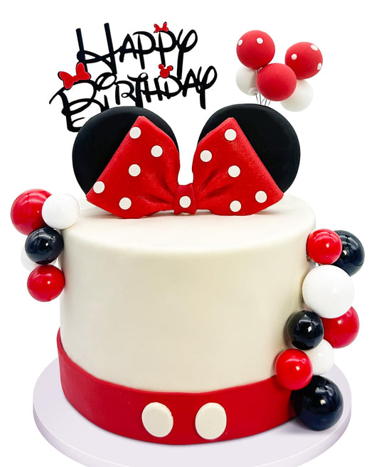 Tarocynn mouse birthday topper with bows and ears enhances cake decor for festive photos.