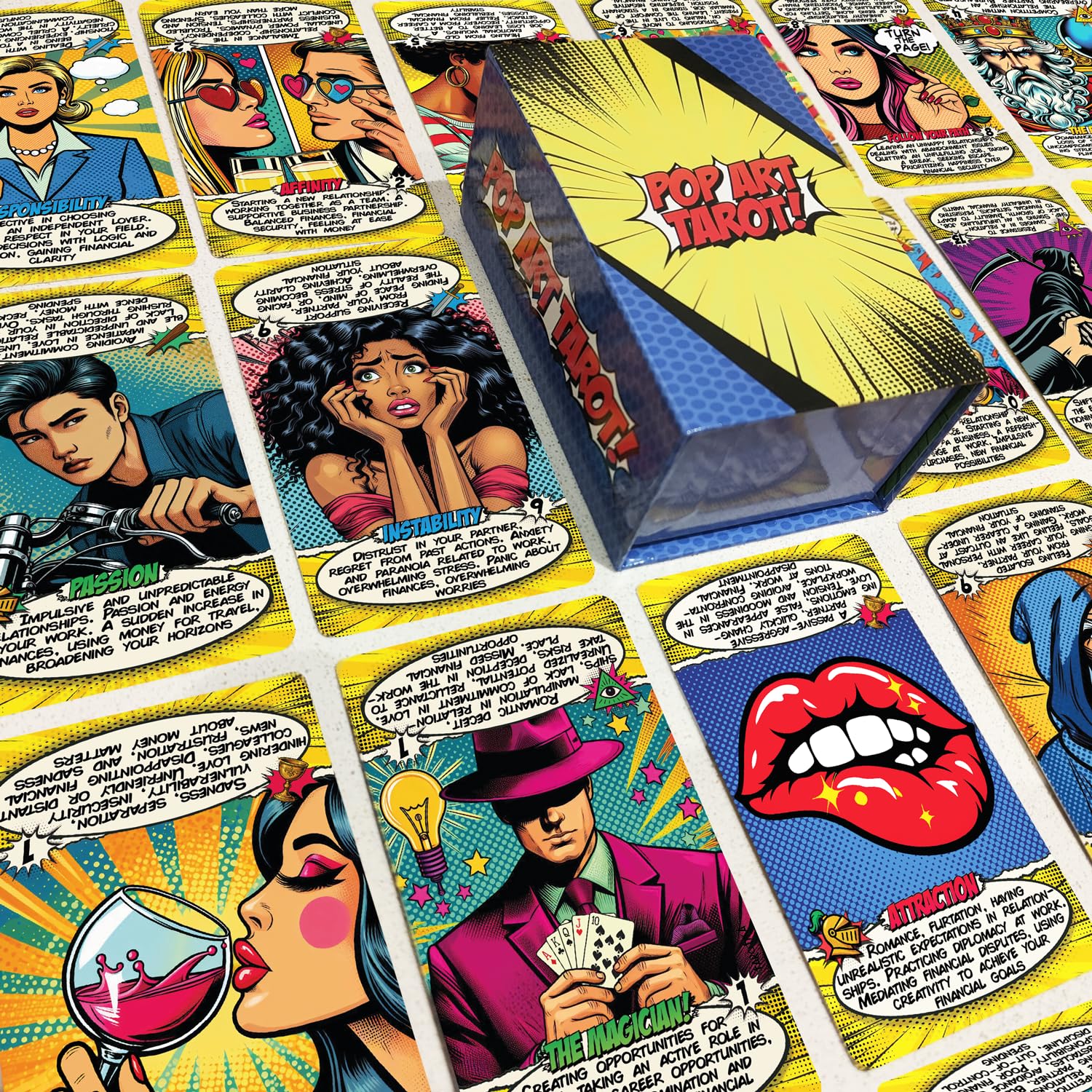 Tarotika Pop Art Deck 400 GSM cards offer durable feel and smooth shuffling.